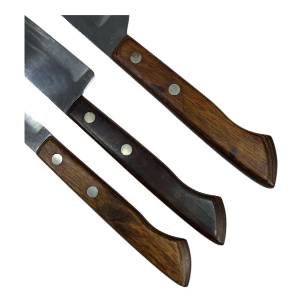 3 Vtg Ekco Flint Arrowhead Vanadium Ergonomic Wood Handle Carving Chef Knives